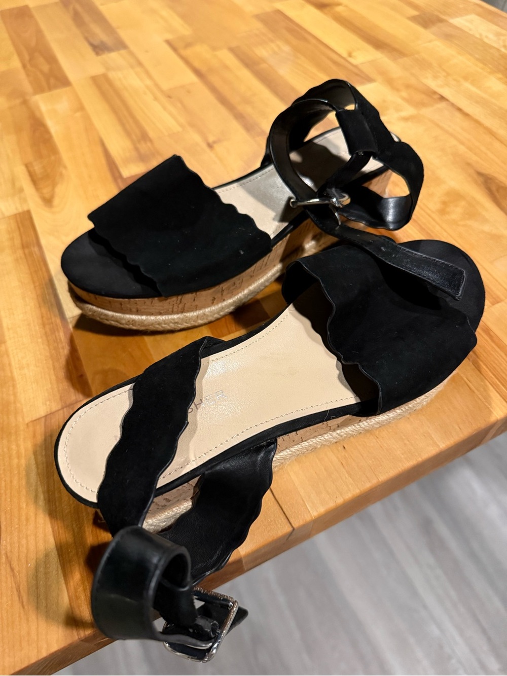Marc Fisher Black Scalloped Espadrille Wedge Sandals